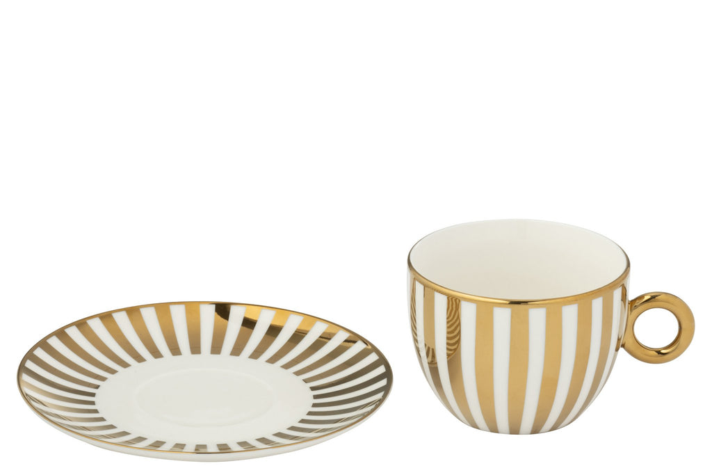 J-Line kopje + schoteltje Gestreept - porselein - goud/wit - L - 2 st.