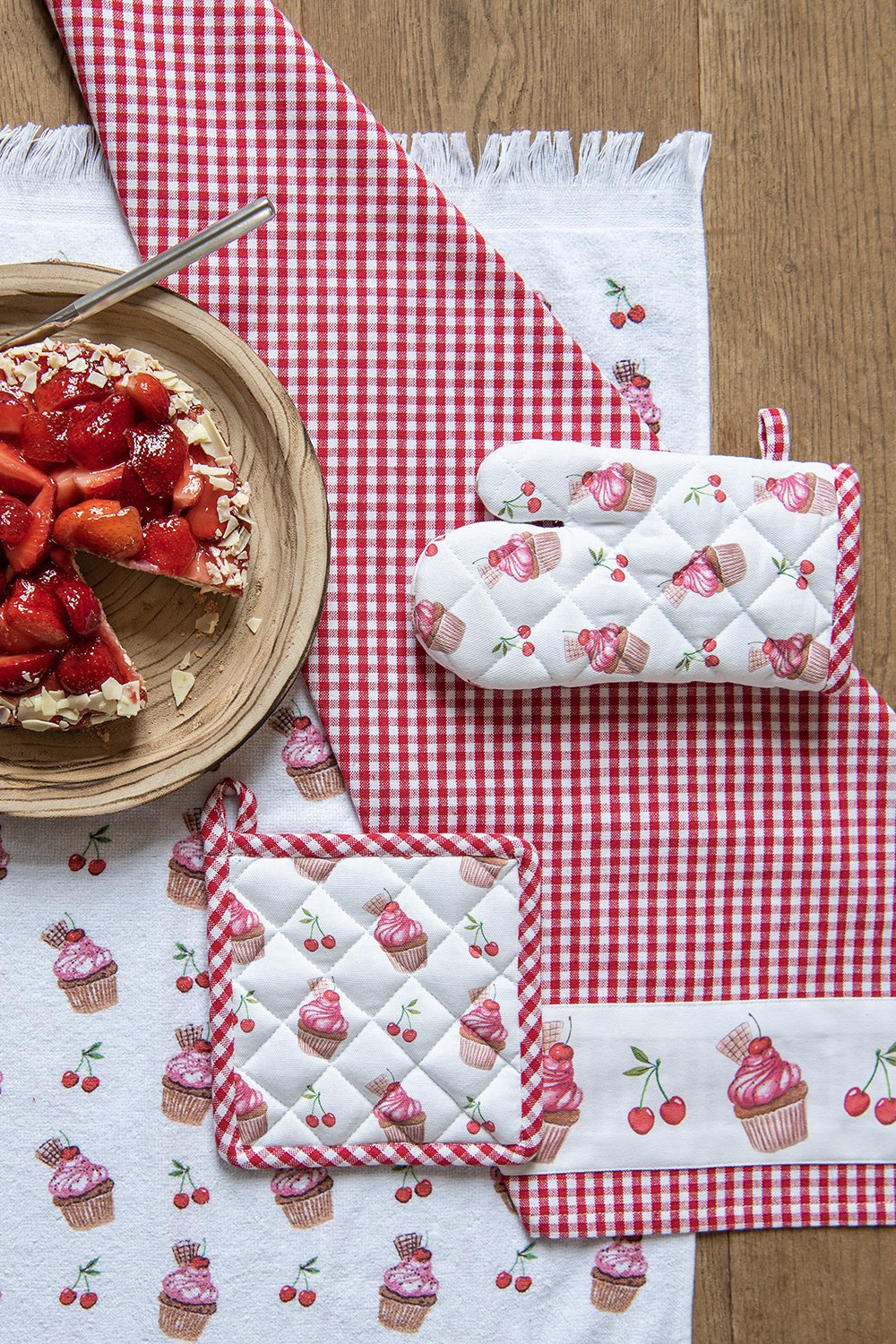 Theedoek 50x70 cm Rood Wit Katoen Cupcakes Keukenhanddoek