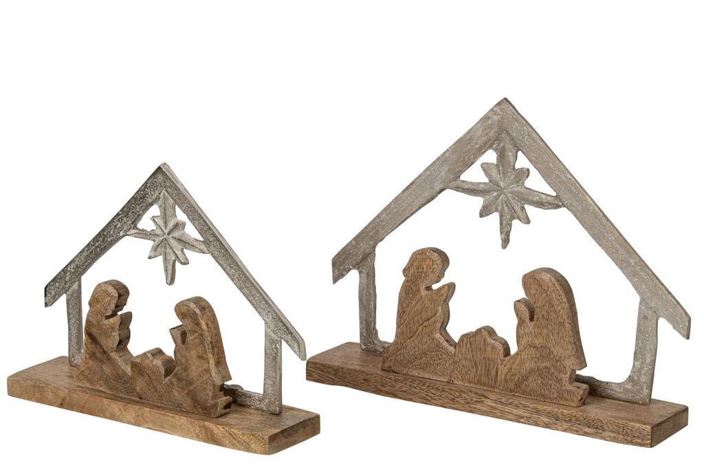 J-Line Kerststal op voet - mangohout - gebroken wit/naturel - large