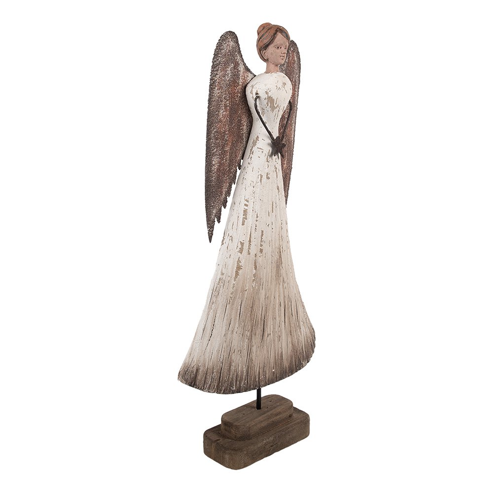 Decoratie Beeld Engel 19x6x42 cm Wit Bruin Hout