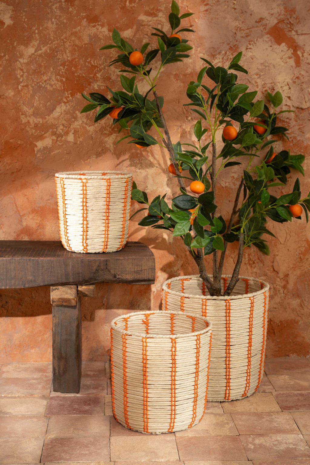 J-Line mand Rond Gestreept - ijzer/papier - naturel/oranje - set van 3