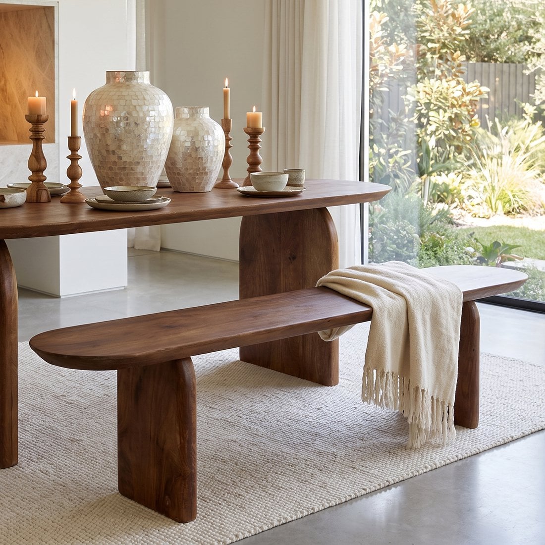 Bullnose mangohouten eetkamerbank bruin