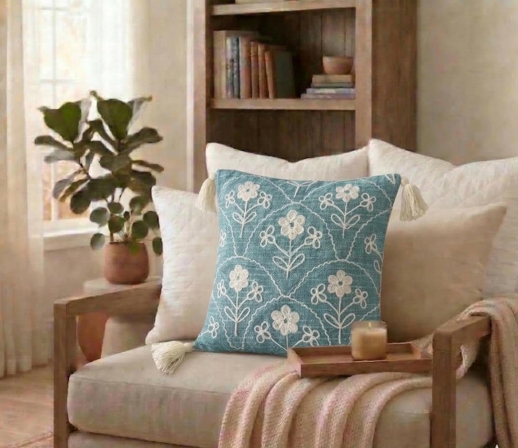 Boho geborduurde kussenhoes – decoratieve kussensloop – slubkatoen, kwastjes – 40x40 cm