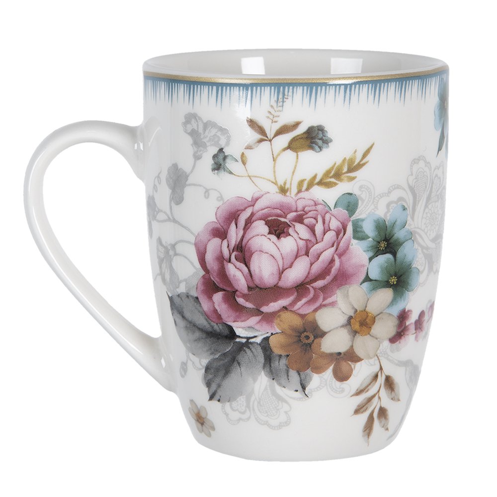 Mok 360 ml Wit Roze Porselein Bloemen Theemok