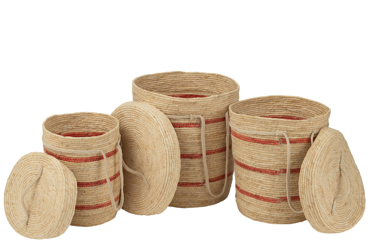J-Line Set Van 3 Mand Strepen+Deksel Maïs Naturel/Rood