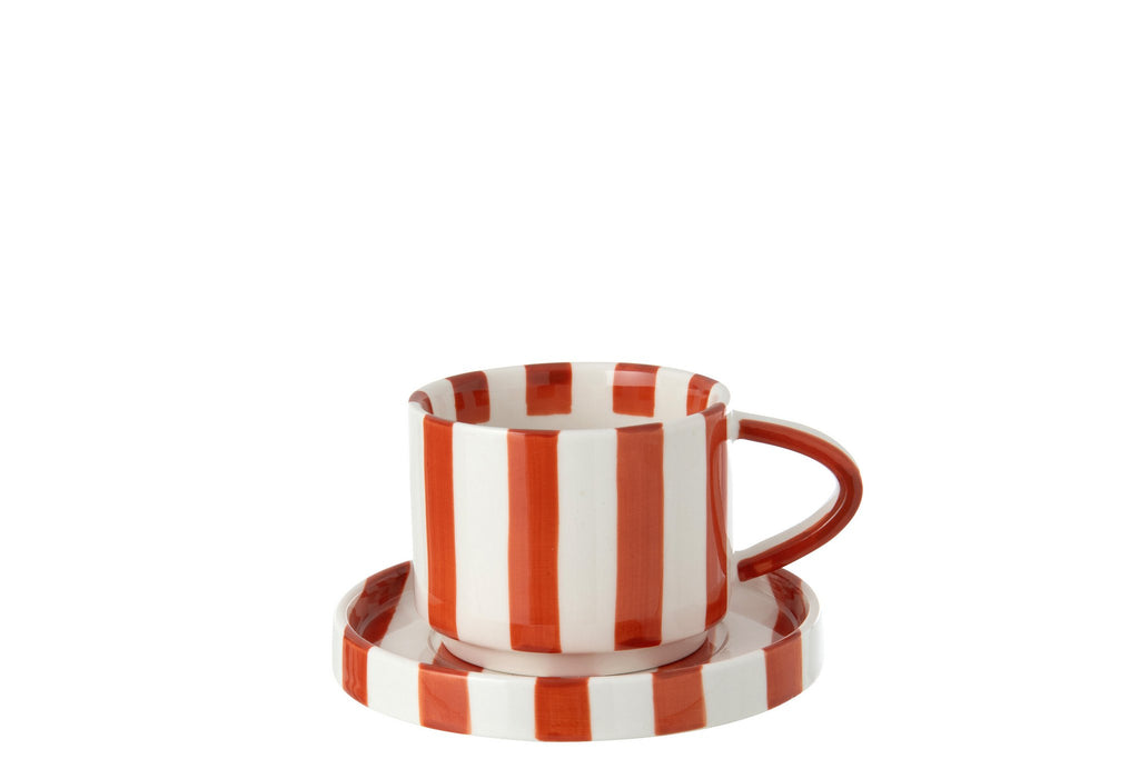 J-Line kopje + schoteltje Gestreept - steengoed - cognac/wit