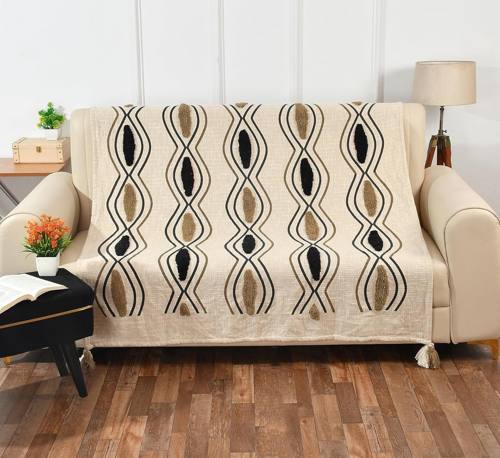 Plaid met beige zwart patroon – katoenen deken – natuurlijke geweven basis – 180x130 cm