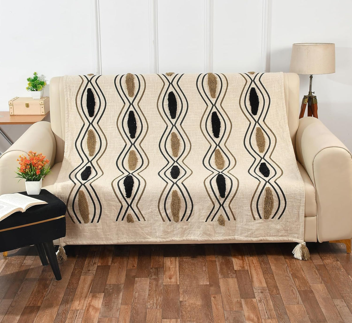 Plaid met beige zwart patroon – katoenen deken – natuurlijke geweven basis – 180x130 cm