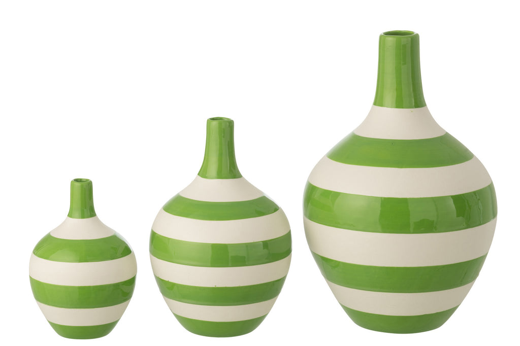 J-Line vaas Gestreept - porselein - wit/groen - set van 3