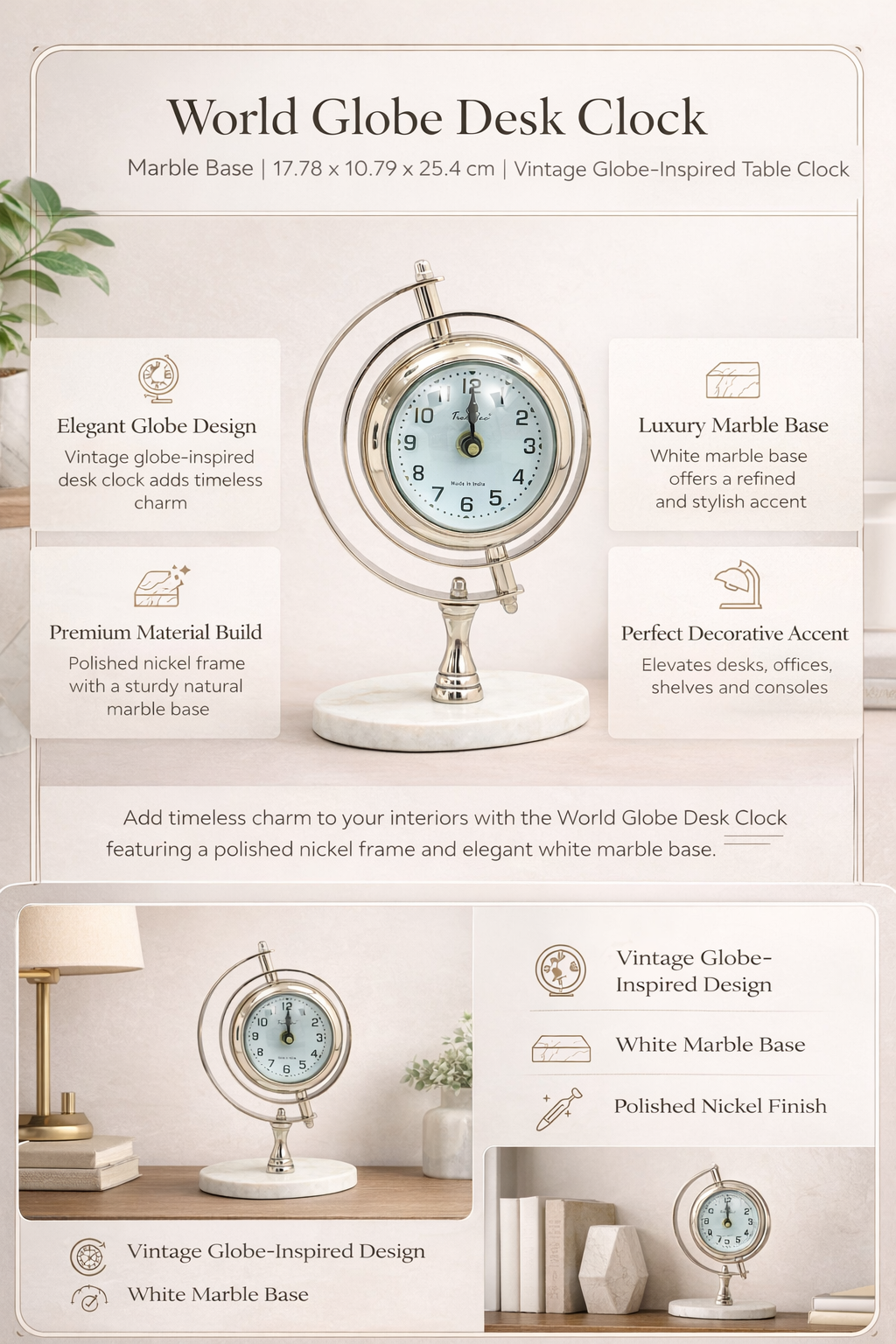 Vintage World Globe Bureauklok - Marmer & Nikkel Tafelaccent