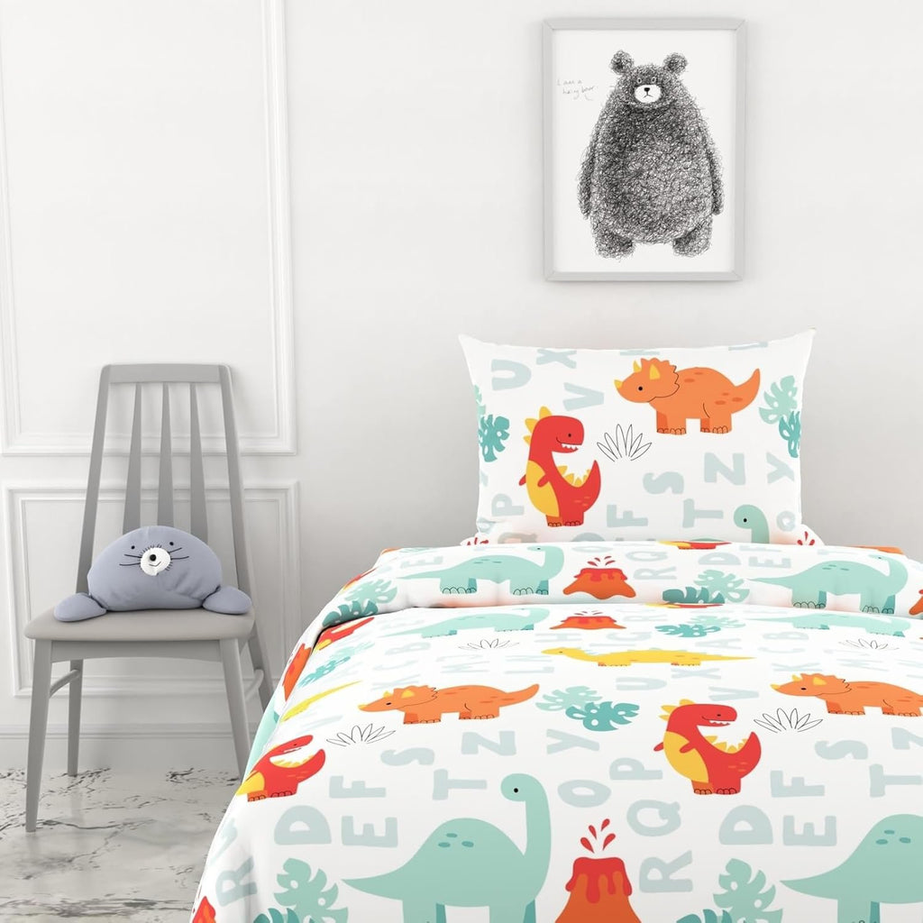 Lakenset voor eenpersoonsbedden - 100% katoen 144TC - Dino-print met alfabet voor kinderen