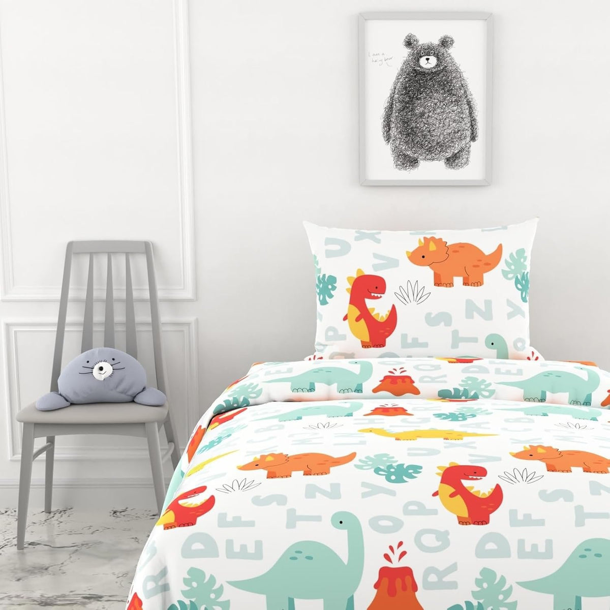 Lakenset voor eenpersoonsbedden - 100% katoen 144TC - Dino-print met alfabet voor kinderen