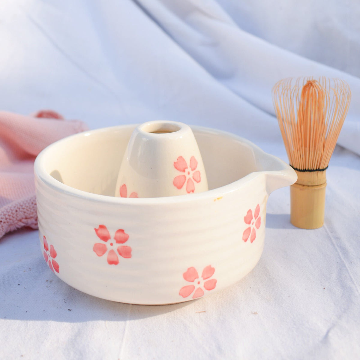 Serveerschaal | Keramieken handgeschilderde Matcha-set | Kersenbloesem set van 2