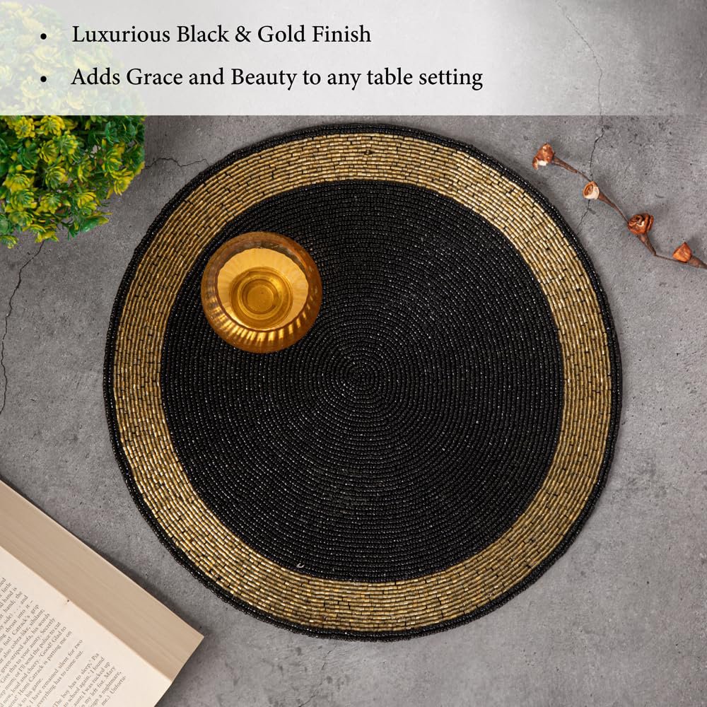 Placemats met glazen kralen – Zwart en goud, 30 cm rond, set van 4
