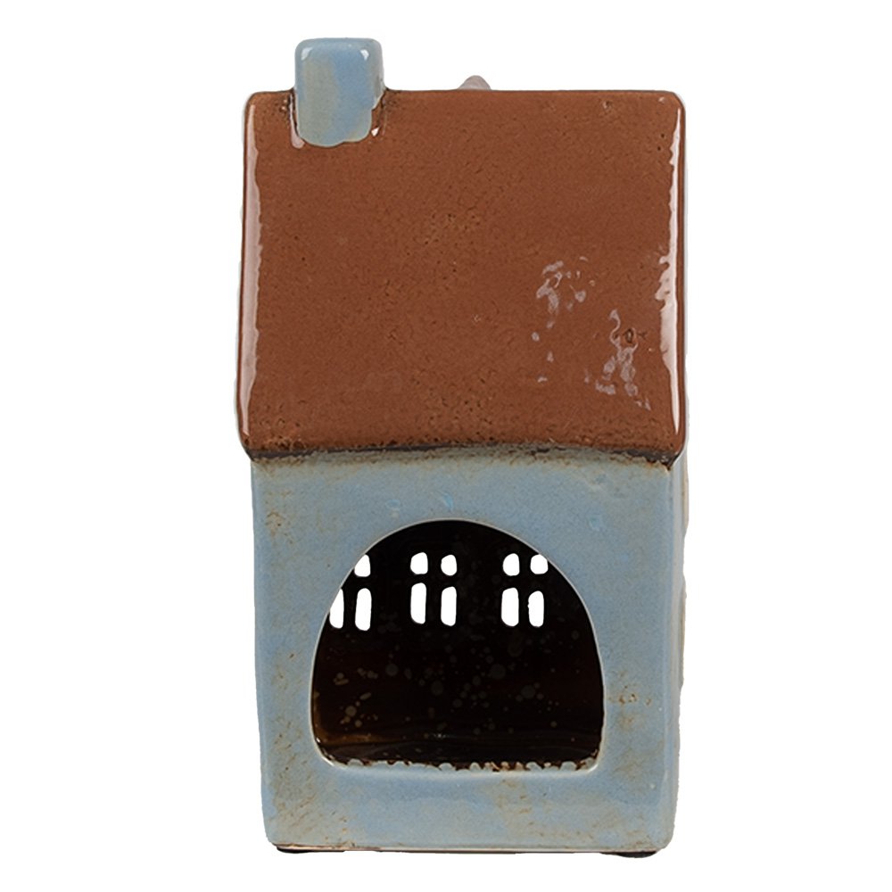 Waxinelichthouder Huis 11x8x20 cm Blauw Bruin Keramiek Theelichthouder