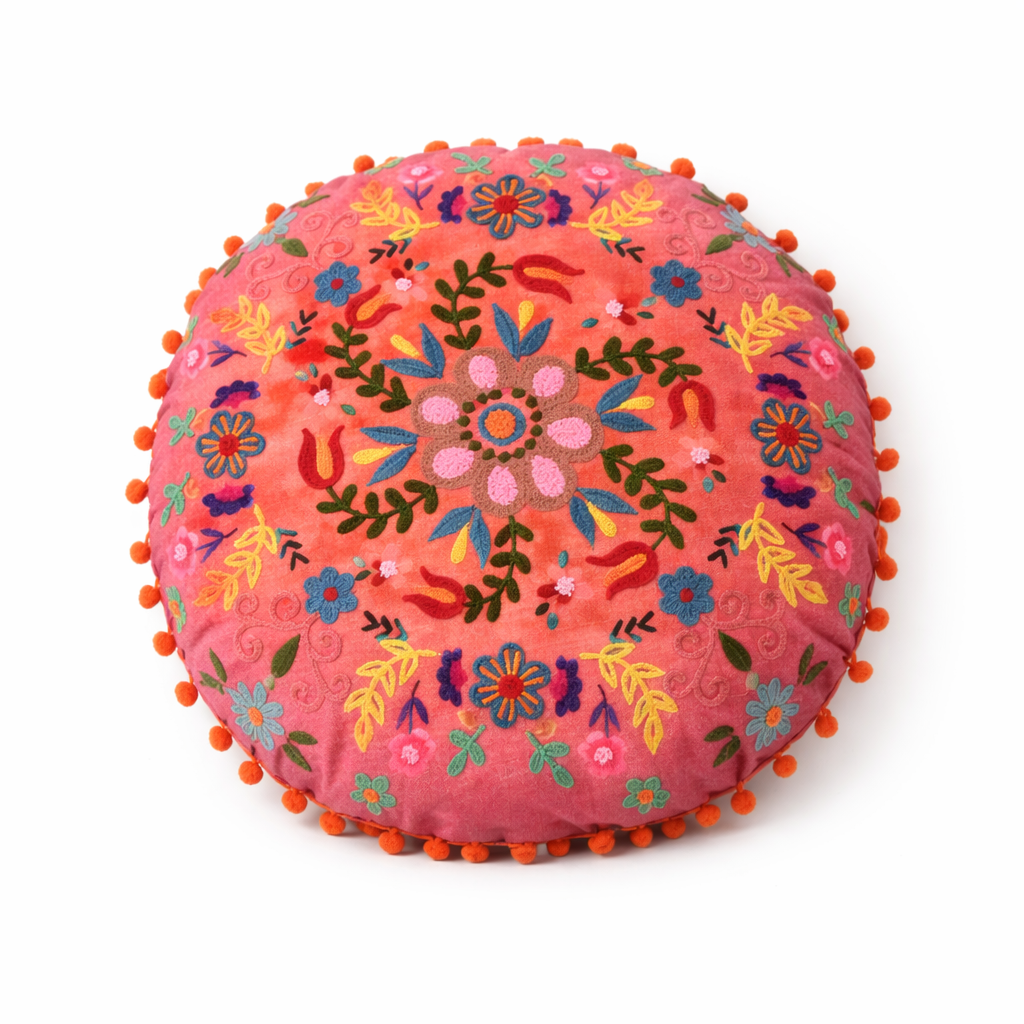 Geborduurd katoenen kussen - bloemmotief - 50 x 50 cm