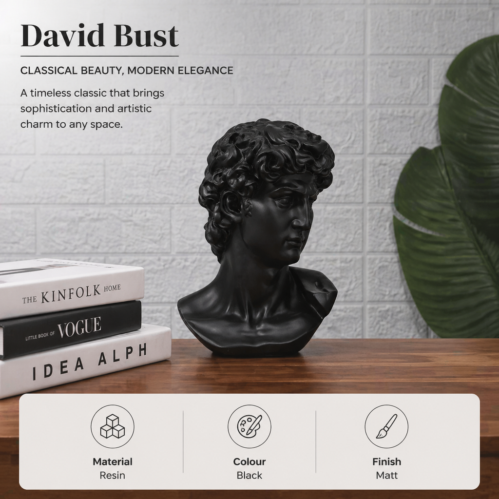Black David Bust Statue – Klassiek geïnspireerd decoratief beeldhouwwerk voor tafelblad-styling