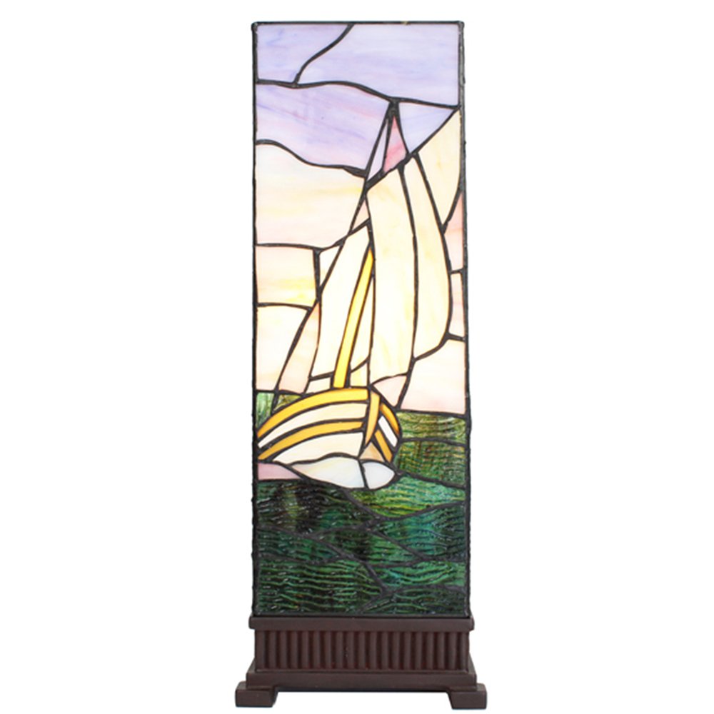 Tiffany Tafellamp 18x18x48 cm Beige Paars Glas Zeilboot Tiffany Bureaulamp