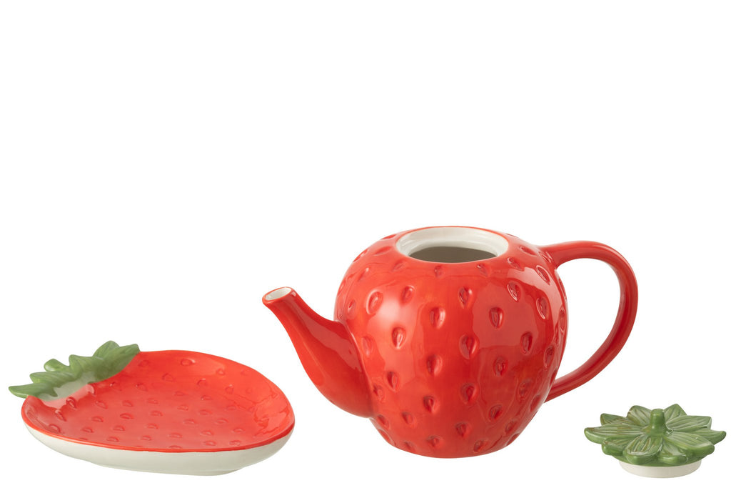 J-Line Theepot+Dienblad Aardbei Dolomiet Rood