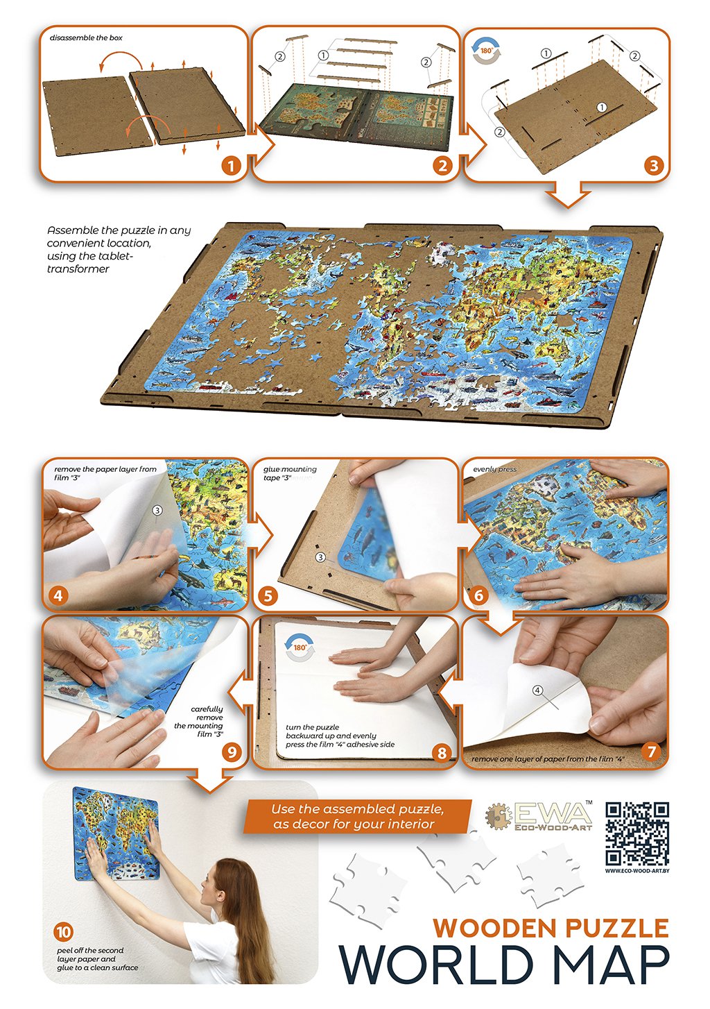 Eco Wood Art (EWA) Houten Legpuzzel World Map in kleur, 3038, 55x39x0,5cm