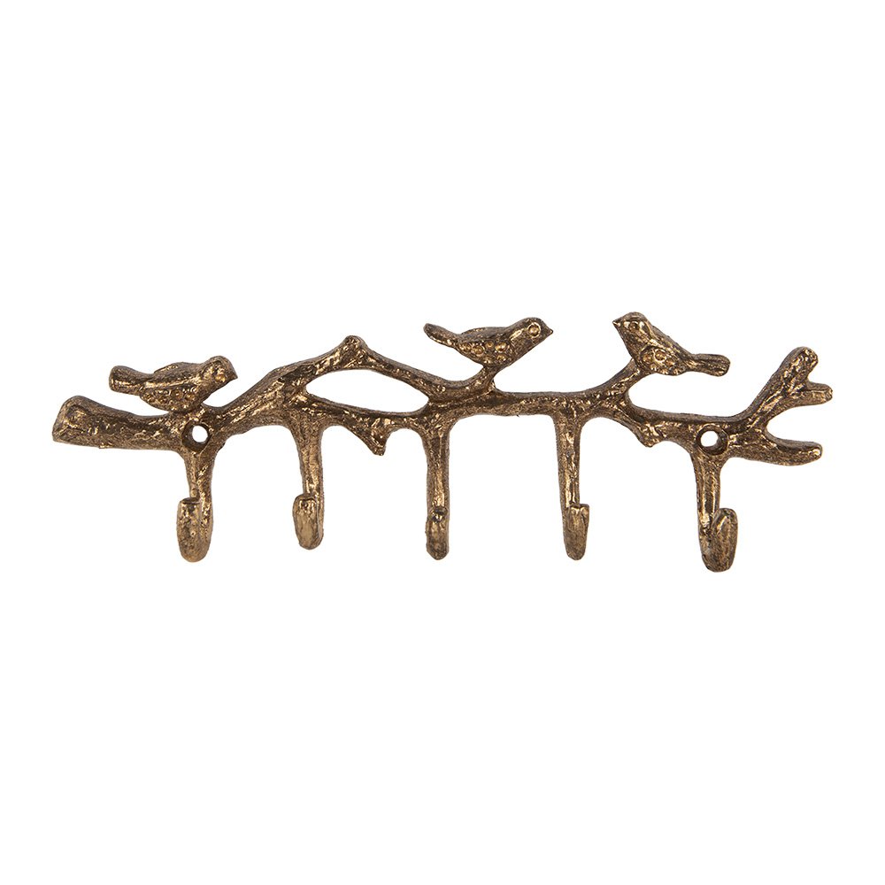 Wandkapstok 5 Haken Vogels 18x2x6 cm Goudkleurig Metaal