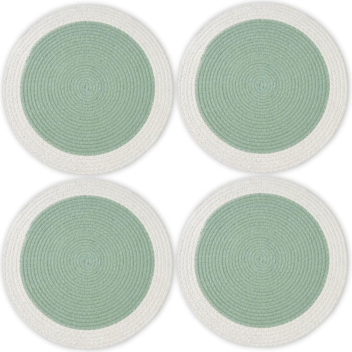 Eettafelplacemats – geribbeld katoen, salie/gebroken wit – 32 cm rond, set van 4