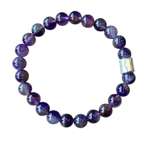 Heren armband 8 mm Amethist met matzilverkleur kraal