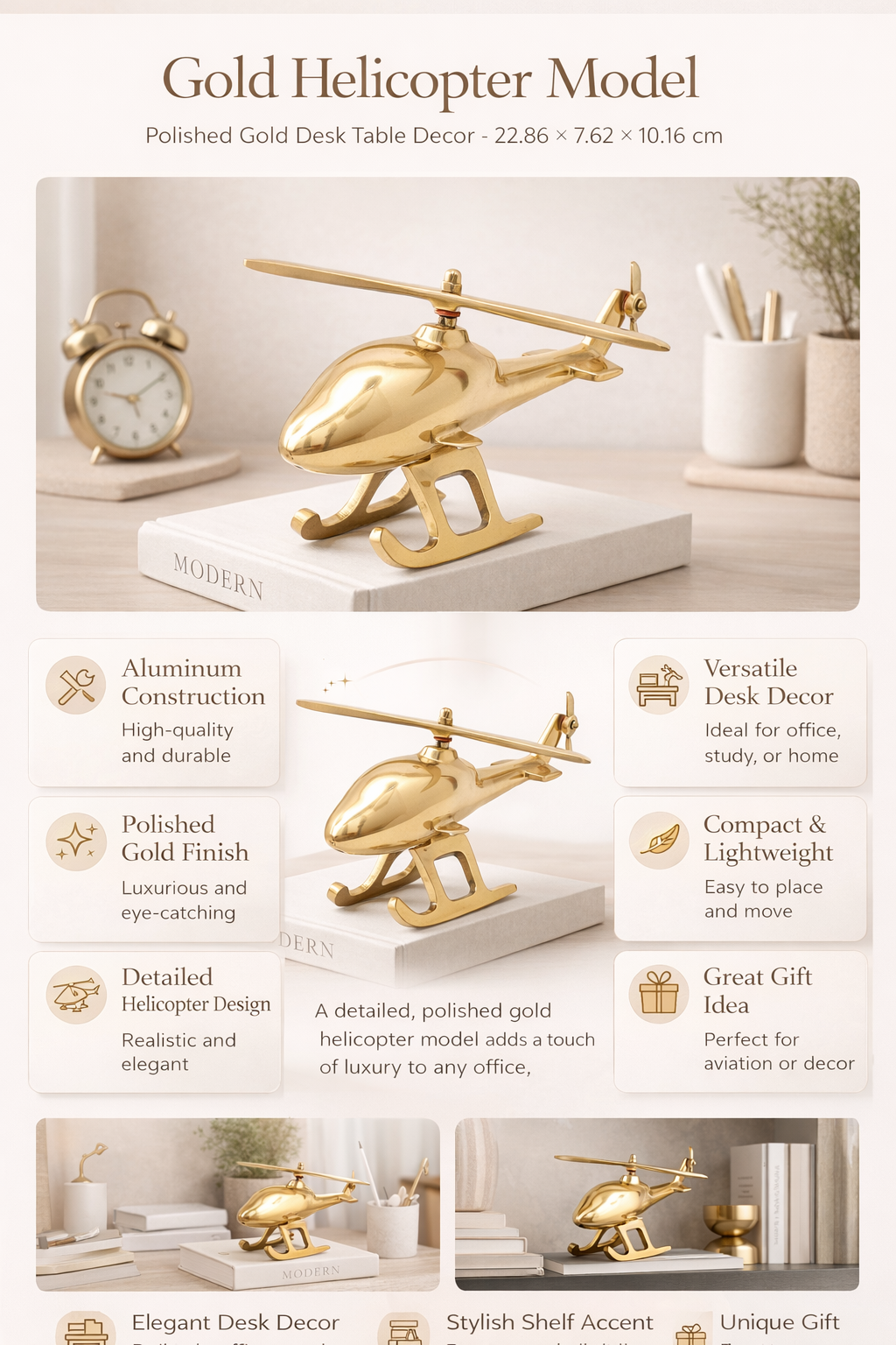 Klassiek vliegtuighelikopterbureaudecor | Aluminium afwerking | Goud