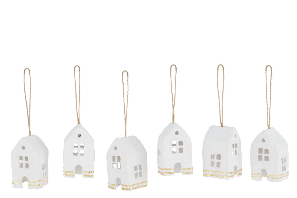 J-Line kersthanger Huis - katoen maché - wit/goud - doos van 6