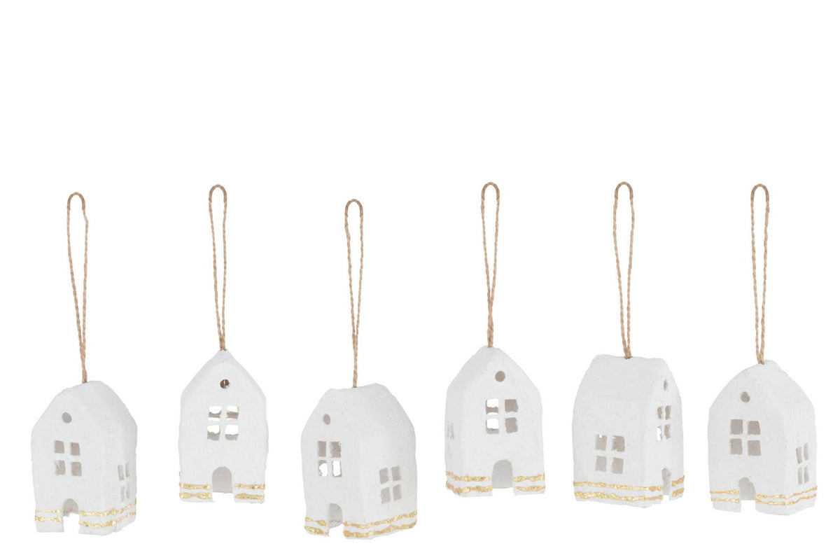 J-Line kersthanger Huis - katoen maché - wit/goud - doos van 6