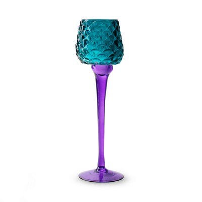 Theelichthouder op voet 'pinecone' petrol blauw paars h26 d8 cm