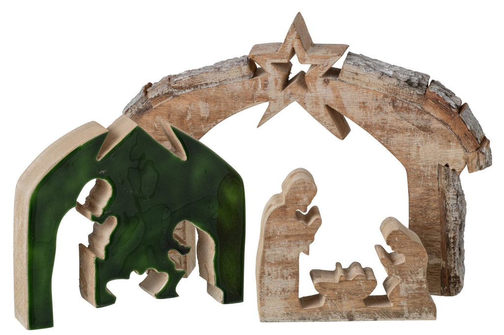 J-Line Kerststal met schors - mangohout - naturel/donkergroen - large