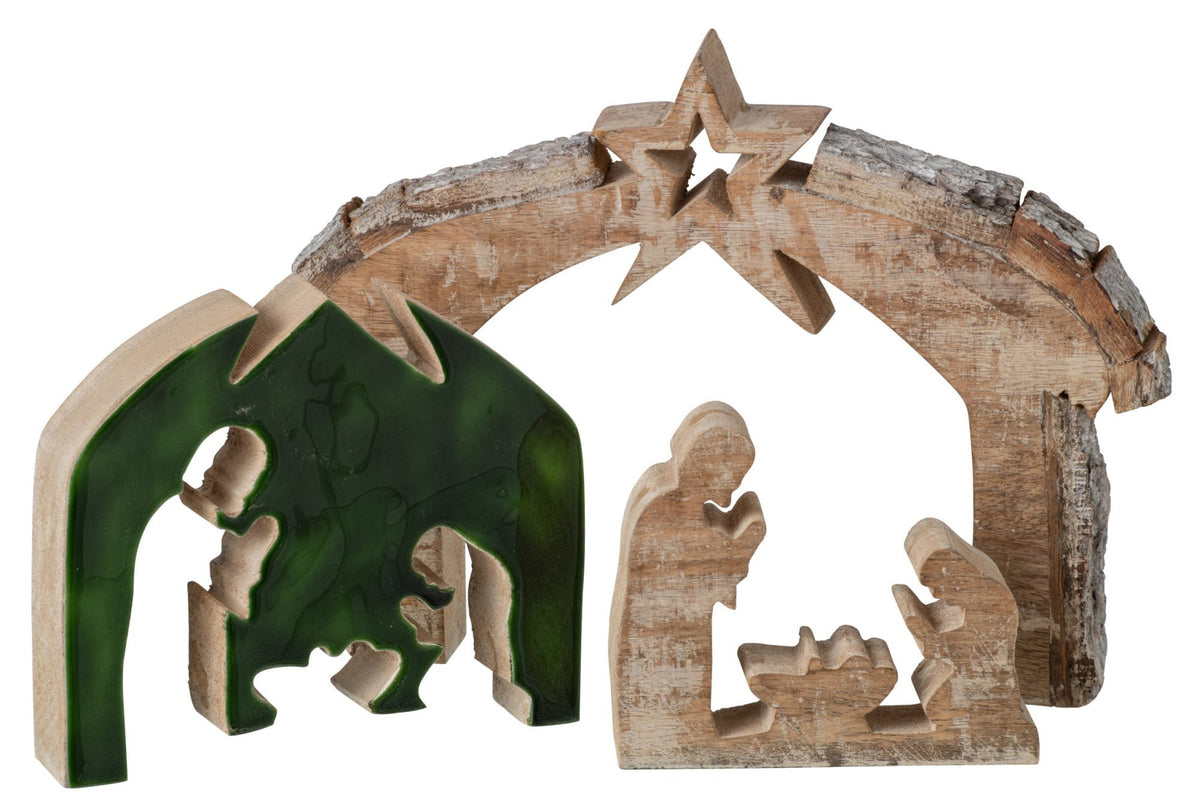 J-Line Kerststal met schors - mangohout - naturel/donkergroen - large