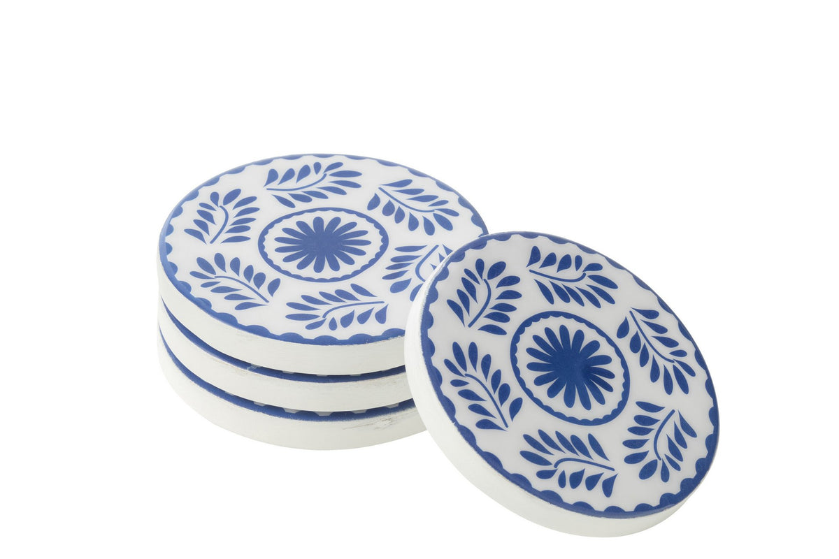 J-Line onderzetter Bloemen - hout - blauw/wit - set van 4