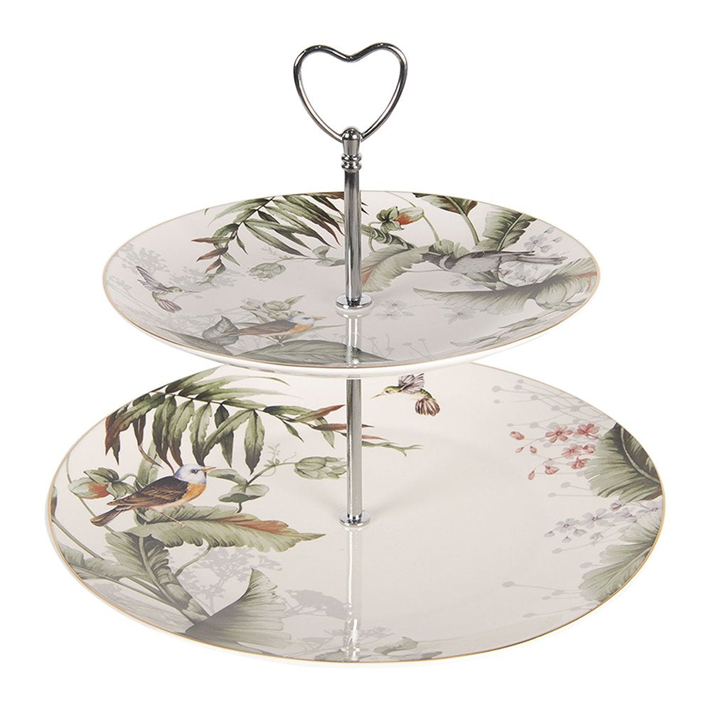 Etagère 2 laags Ø 26x24 cm Wit Groen Porselein Vogels Taartplateau op Voet