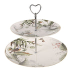 Etagère 2 laags Ø 26x24 cm Wit Groen Porselein Vogels Taartplateau op Voet