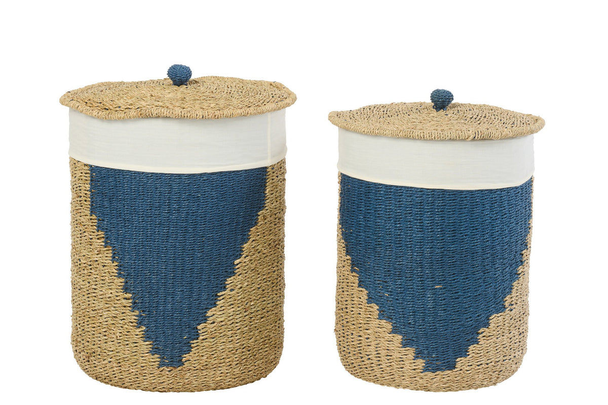 J-Line mand + deksel - ijzer/papier - blauw/naturel - set van 2
