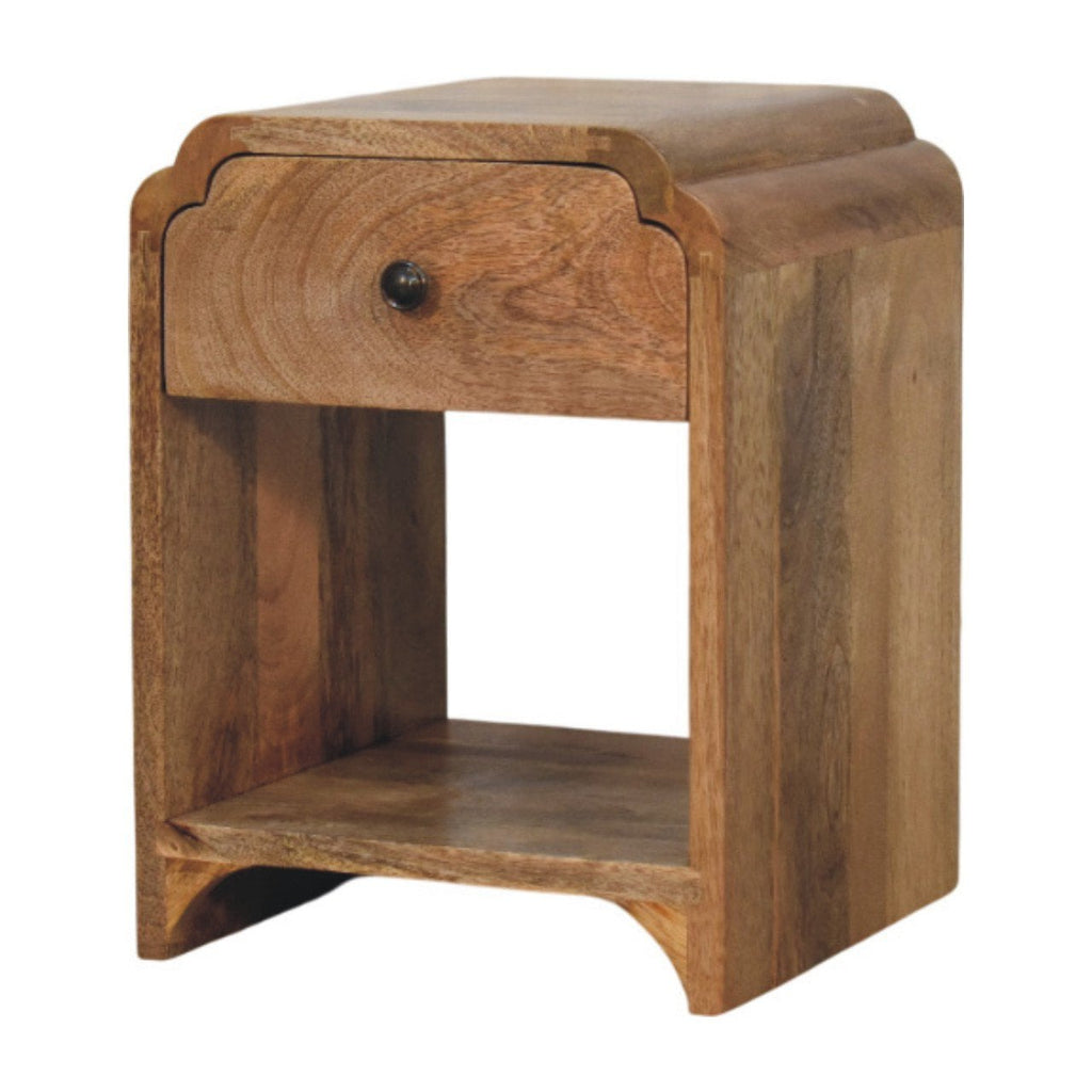 Massief houten Newton mini-nachtkastje in eikenhout, 1 lade en open plank, beige