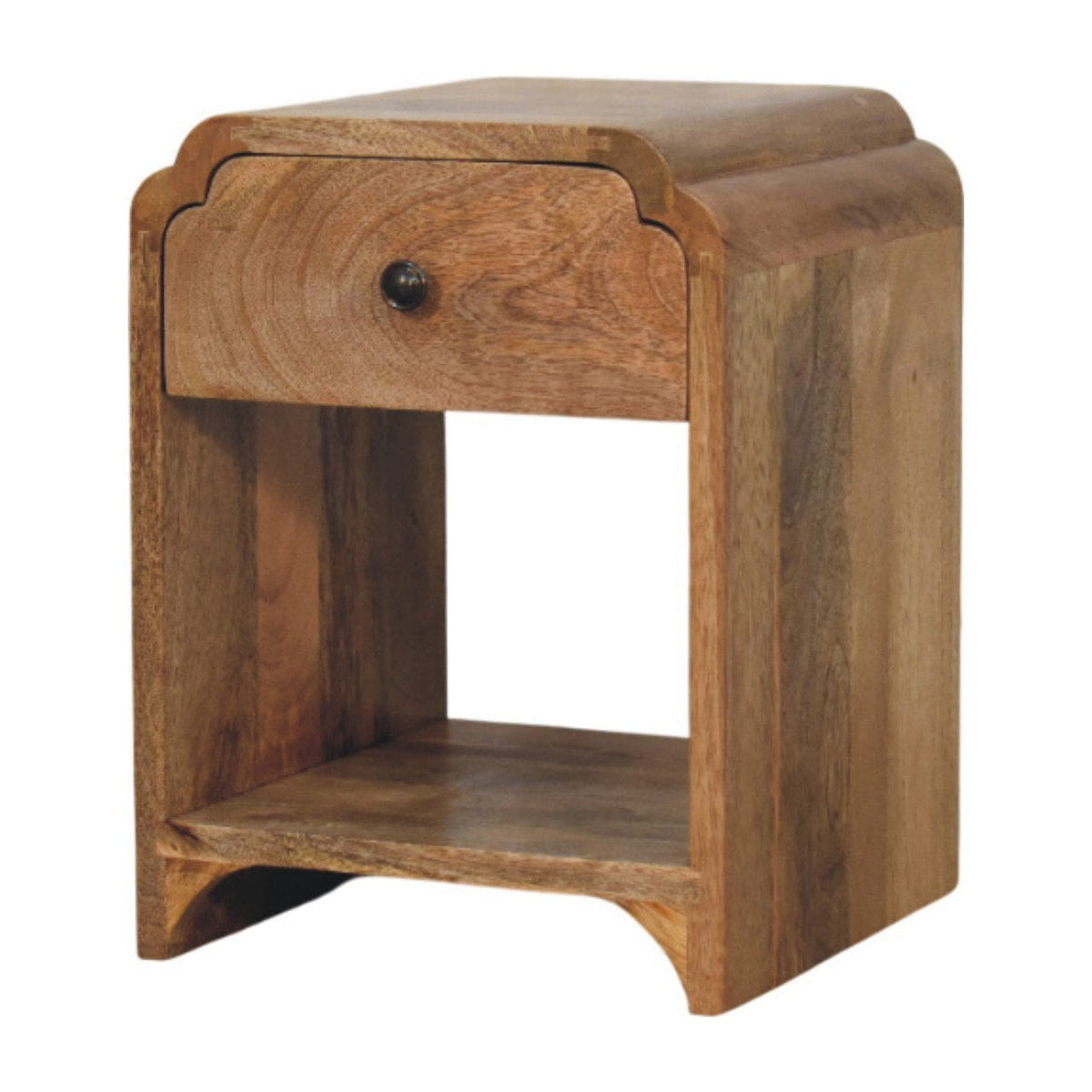Massief houten Newton mini-nachtkastje in eikenhout, 1 lade en open plank, beige