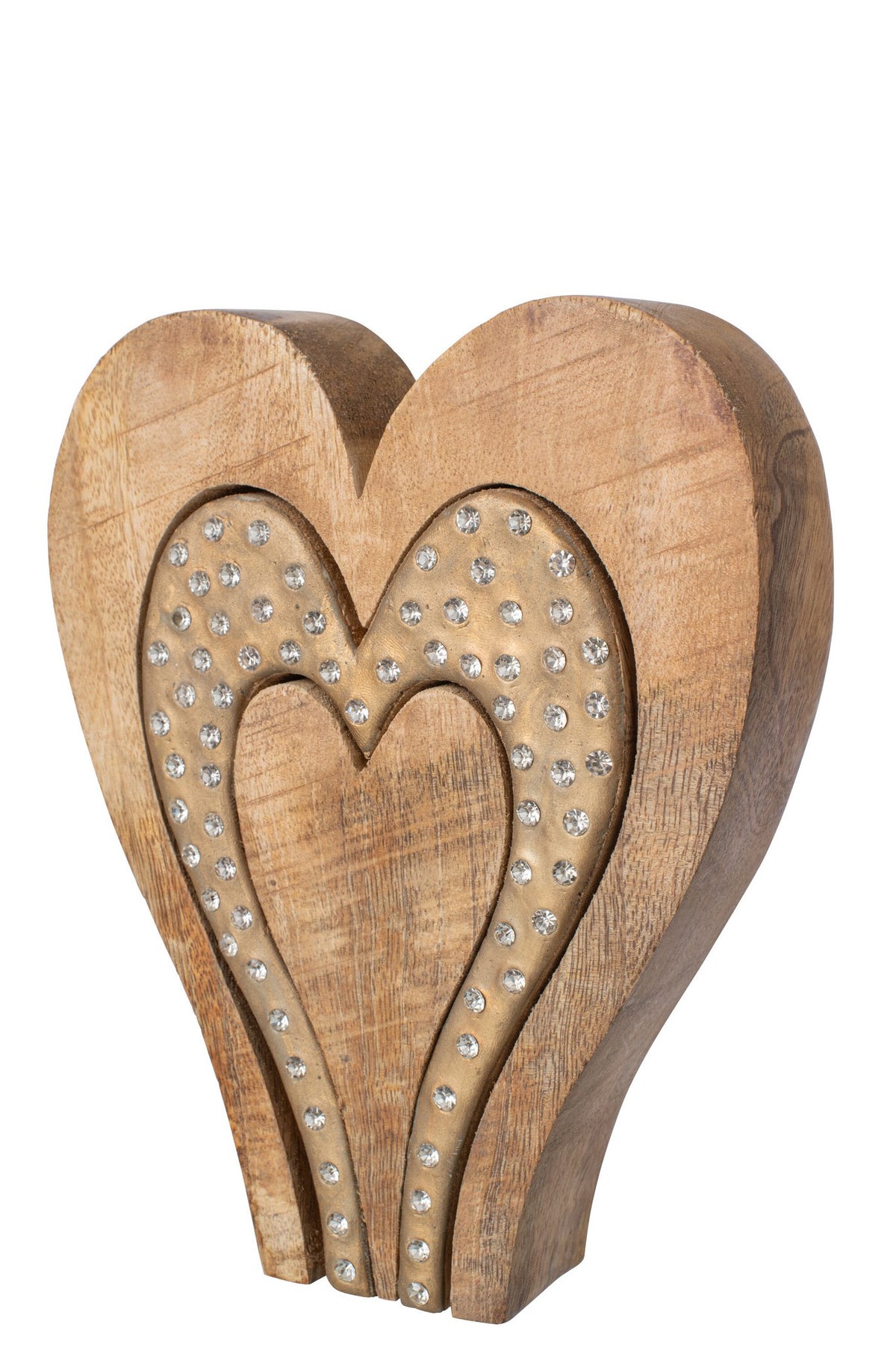 J-Line Hart met strass - mangohout - naturel/goud - L