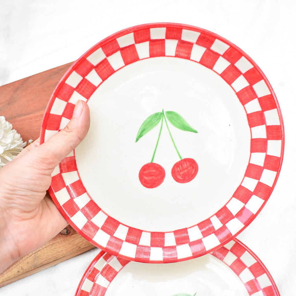 Serveerbord | Keramiek Geruit Kers | Set van 2, 7 inch