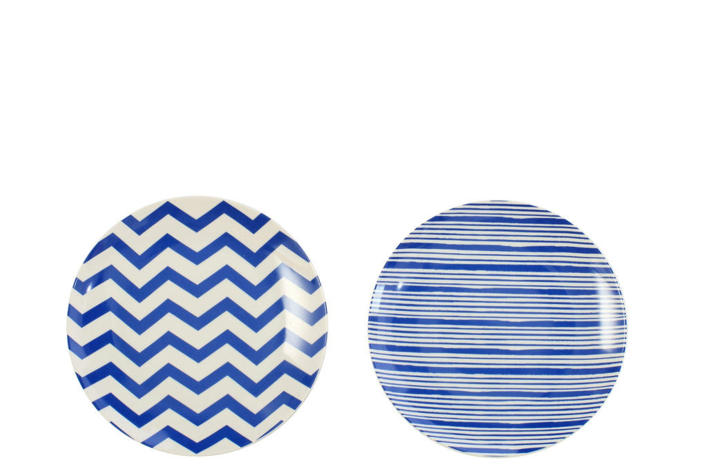 J-Line bord Dessert Gestreept - porselein - blauw/wit - S - set van 2