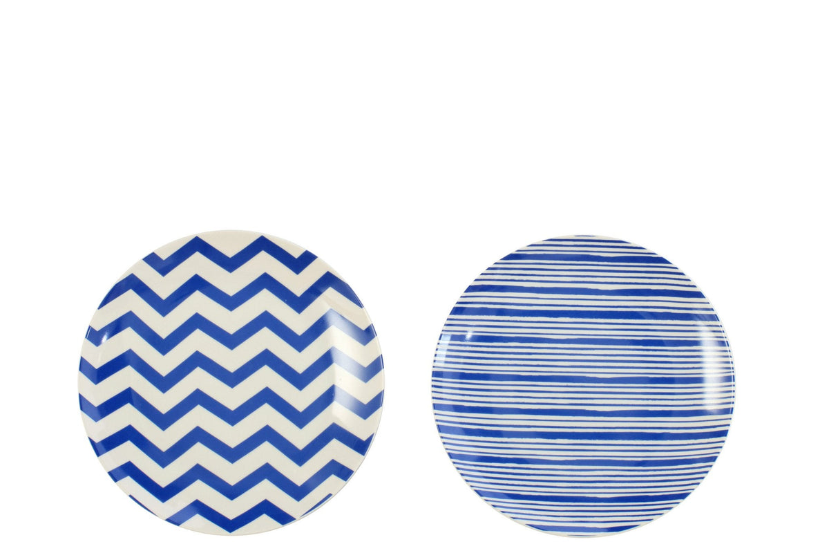 J-Line bord Dessert Gestreept - porselein - blauw/wit - S - set van 2