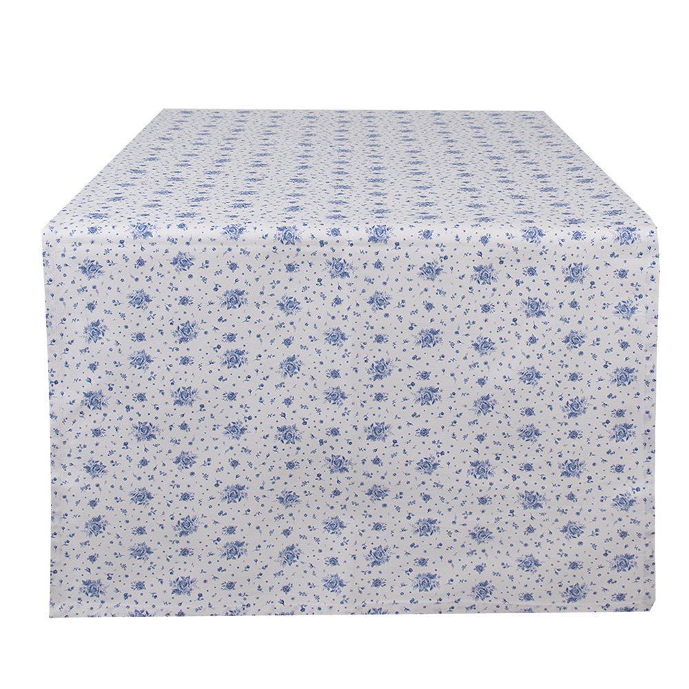 Tafelloper 50x140 cm Wit Blauw Katoen Roosjes