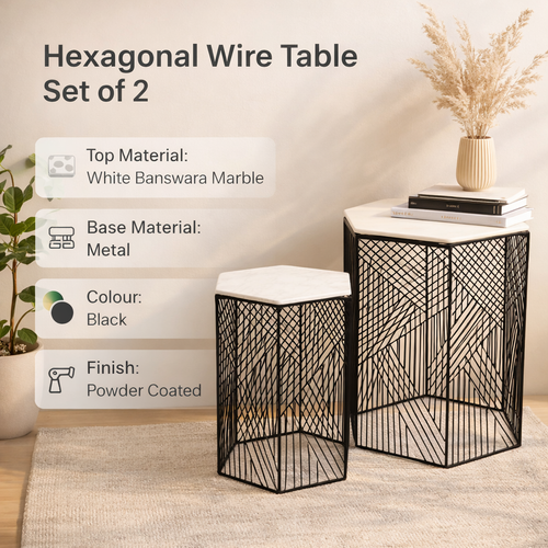 Accenttafels met marmerdraad, zeshoek, zwart onderstel, set van twee