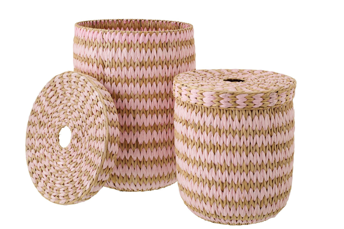 J-Line mand met deksel Gestreept - papier - naturel/roze - set van 2