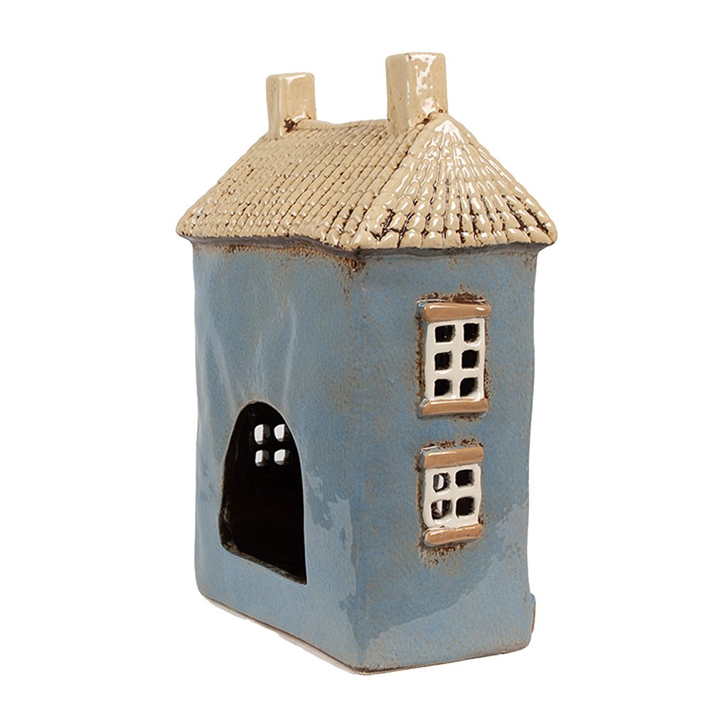 Waxinelichthouder Huis 16x10x23 cm Blauw Beige Keramiek Theelichthouder
