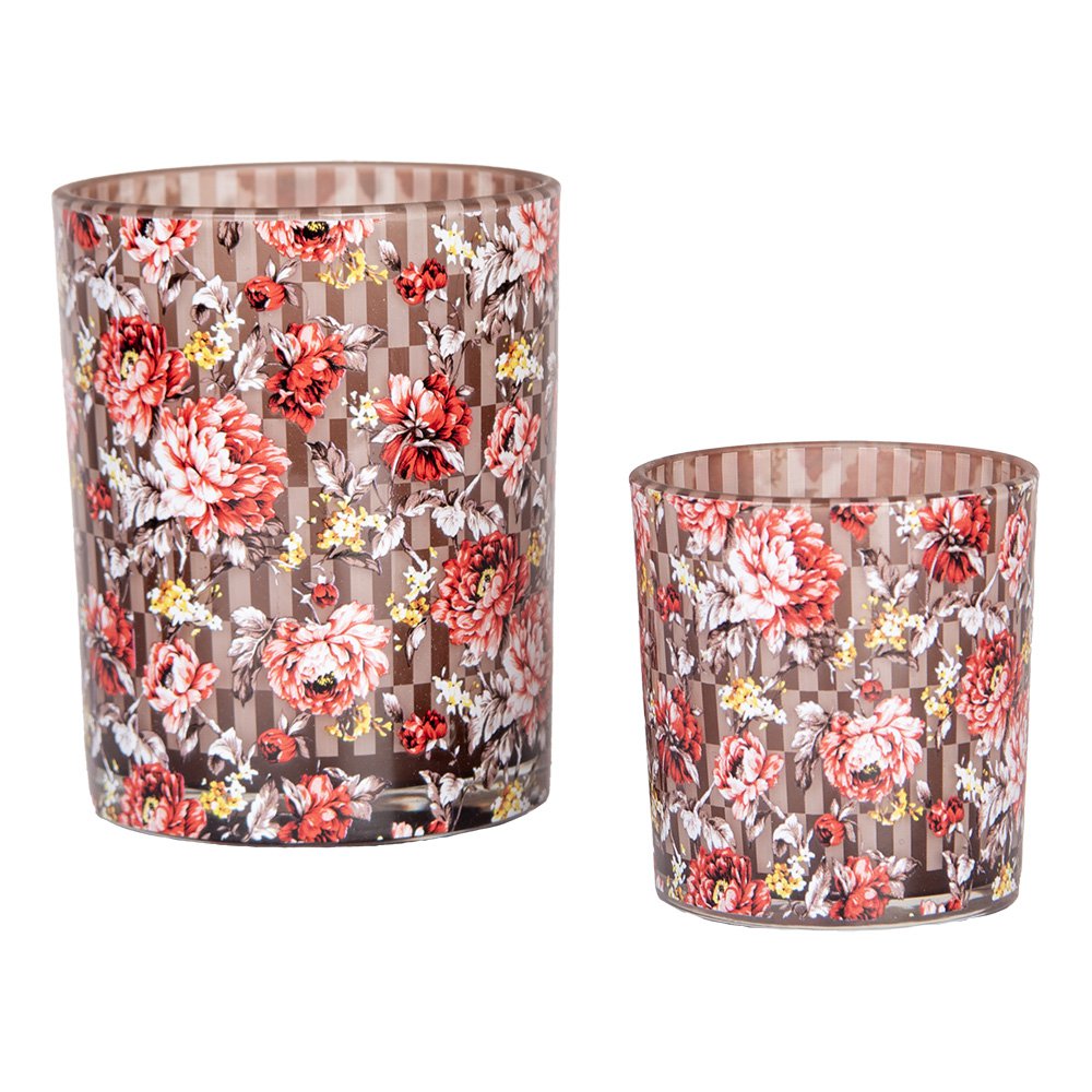 Theelichthouder Set van 2 Ø 7x8 / 10x13 cm Bruin Rood Glas Bloemen