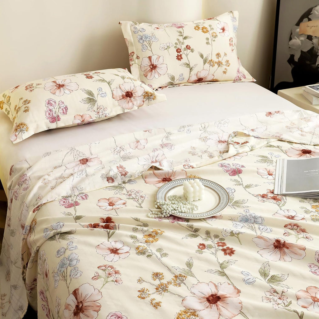 Kingsize laken - Cloud Cotton 300 TC - Bloemenmotief, 2 kussenslopen