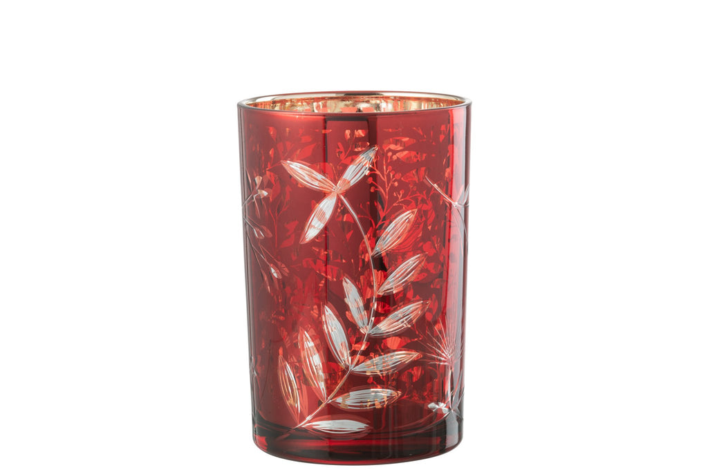 J-Line windlicht Blaadjes - glas - rood/goud - large